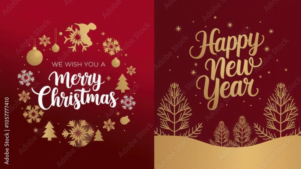 Gold Christmas and New Year Typographical on red Xmas background with winter landscape with snowflakes, light, stars. Merry Christmas card. Vector Illustration Gold Christmas and New Year Typographical on red Xmas background with winter landscape with snowflakes, light, stars. Merry Christmas card. Vector Illustration