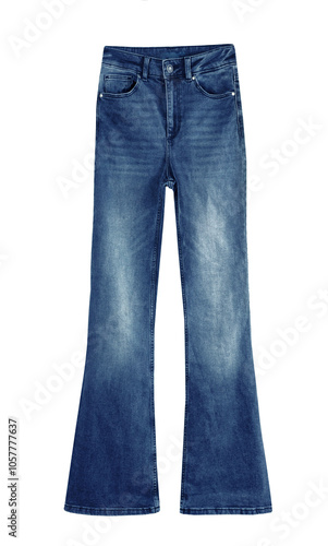 Blue women's flared style jeans isolated on white. Trendy trousers, nobody.