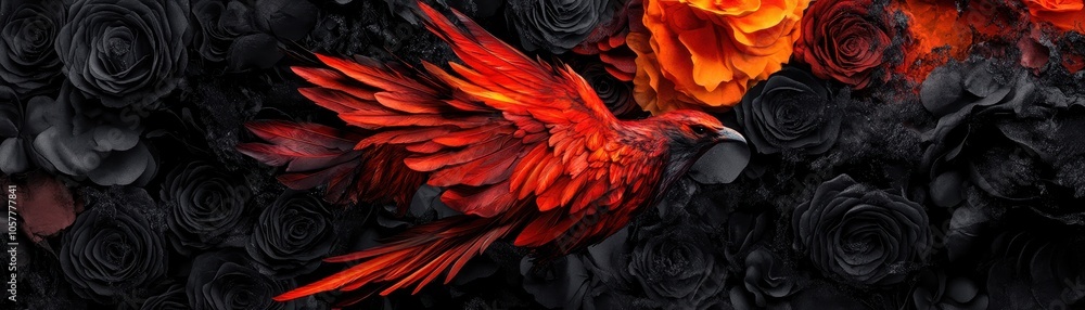 Obraz premium A vibrant red bird elegantly contrasts against a backdrop of dark roses, creating a striking visual of beauty and nature.