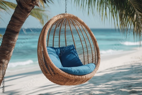A secluded beach chair swaying gently under palm trees on a sunny tropical shore
