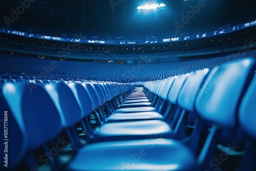 Rows of empty white chairs set up in a large auditorium with natural light il...