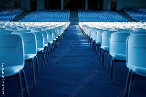 Rows of empty white chairs set up in a large auditorium with natural light il...