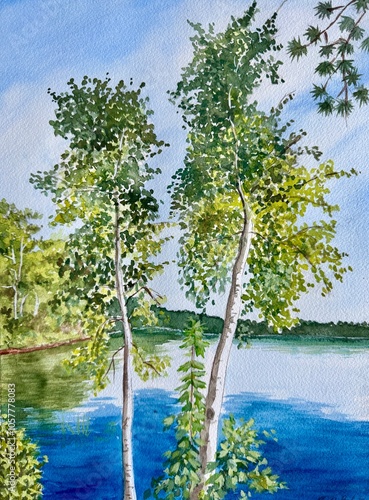 Watercolor painting of a lake and Aspen trees