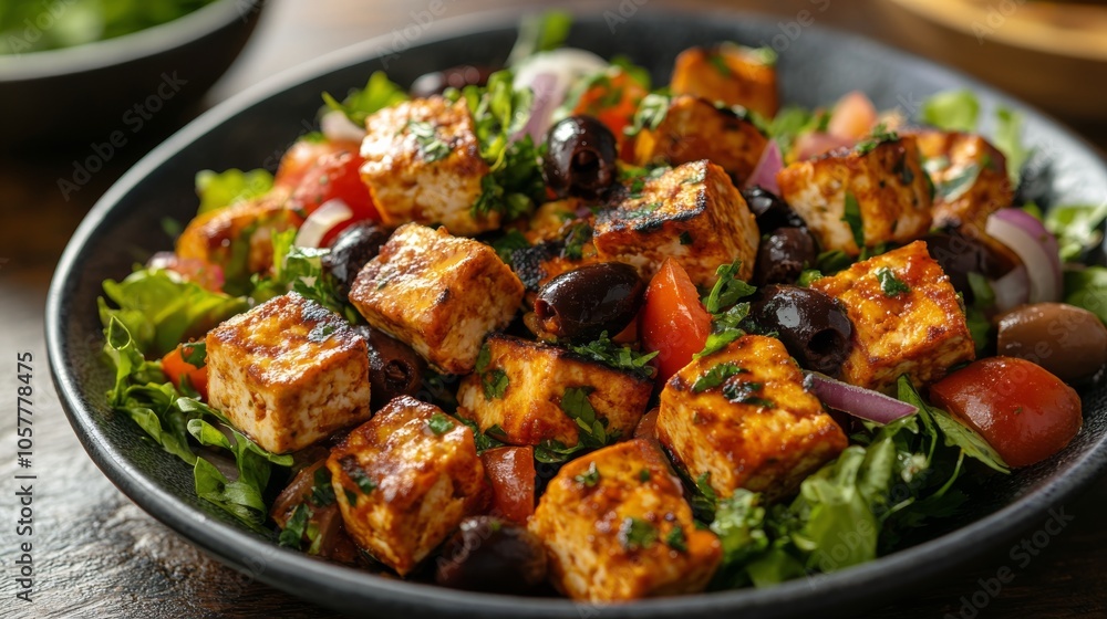 Fresh salad with grilled tofu, olives, tomatoes, and greens served in a dark bowl Fresh salad with grilled tofu, olives, tomatoes, and greens served in a dark bowl