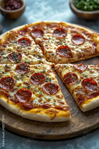 Delicious pepperoni pizza with fresh herbs on a blue table, ideal for sharing...