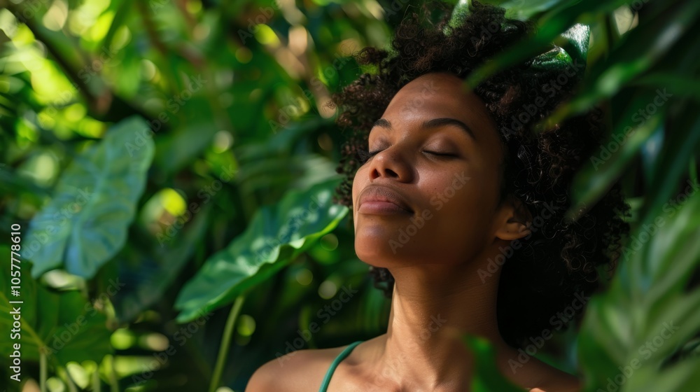 Peaceful black woman with a serene expression enjoys the tranquility of a lush green tropical environment Peaceful black woman with a serene expression enjoys the tranquility of a lush green tropical environment