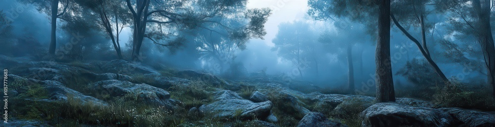 A misty forest with large rocks in the foreground. A misty forest with large rocks in the foreground.