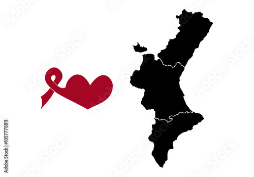 Solidaridad con la Comunidad valenciana por las inundaciones, dana o gota fría. Silueta del mapa de la Comunidad valenciana con el lazo solidario y corazón