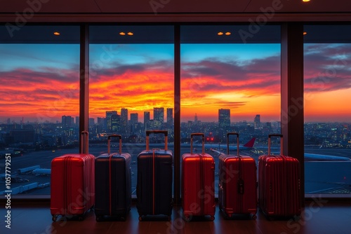 Travelers waiting at the airport with luggage as the sun sets over the city s...