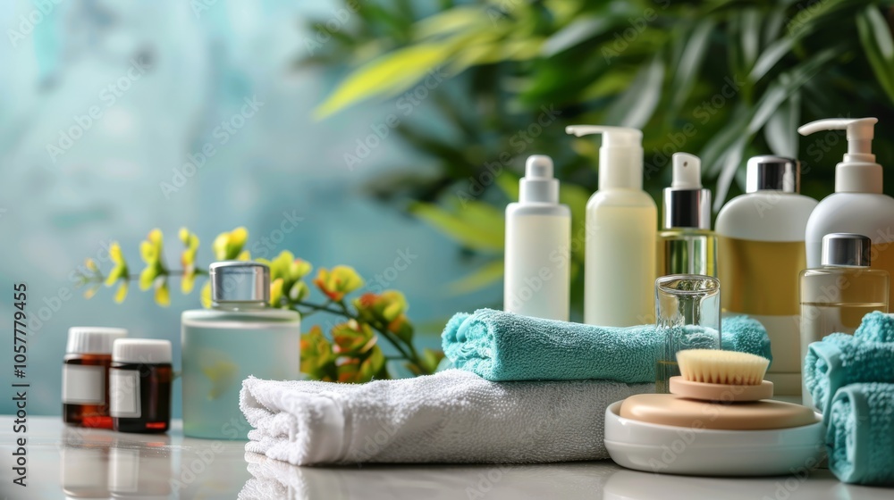 Personal care cosmetics and hygiene items organized on a table Personal care cosmetics and hygiene items organized on a table