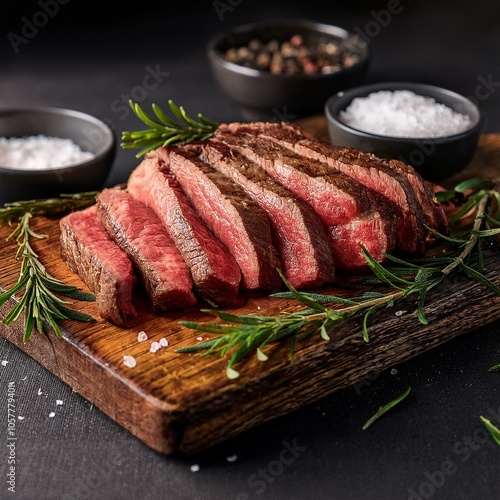 juicy medium beef rib eye steak slices on wooden board with herbs spices and salt