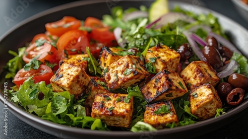 Fresh salad with grilled tofu, olives, tomatoes, and greens served in a dark ...