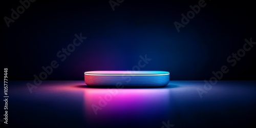 Minimalist smart device on shelf with neon gradient light. White illuminated circular platform on gradient background with pink and blue lighting. Futuristic setup for technology, product display