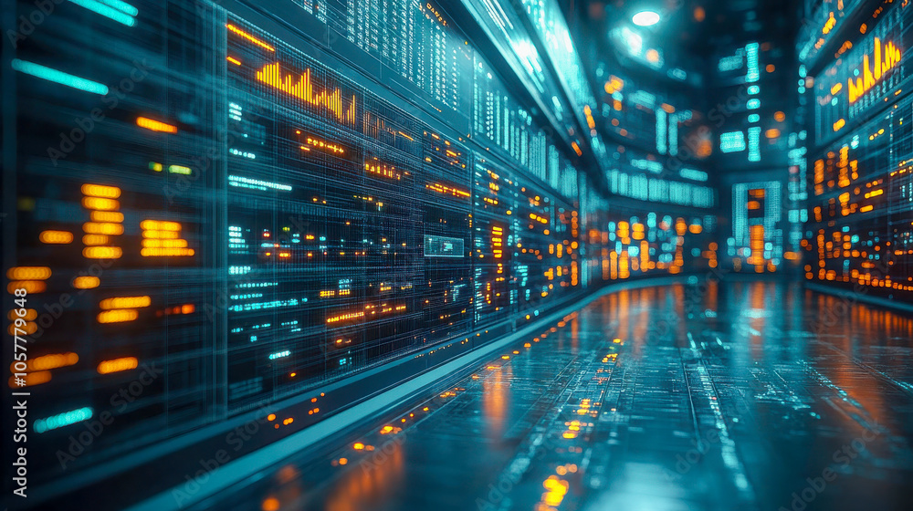 Digital data stream in a high-tech data center. Futuristic data storage and cybersecurity concept Digital data stream in a high-tech data center. Futuristic data storage and cybersecurity concept