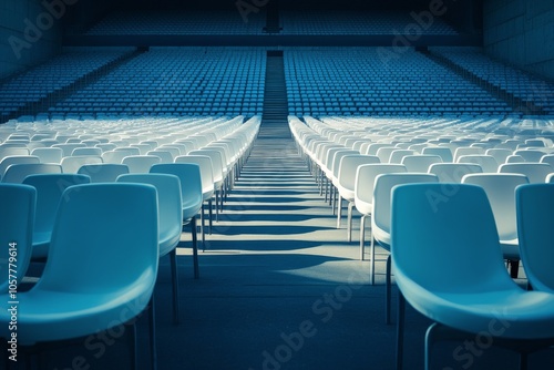 Rows of empty white chairs set up in a large auditorium with natural light il...