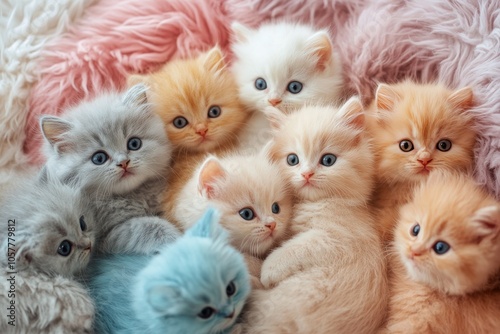 Adorable group of fluffy kittens resting together on a soft blanket in a cozy...