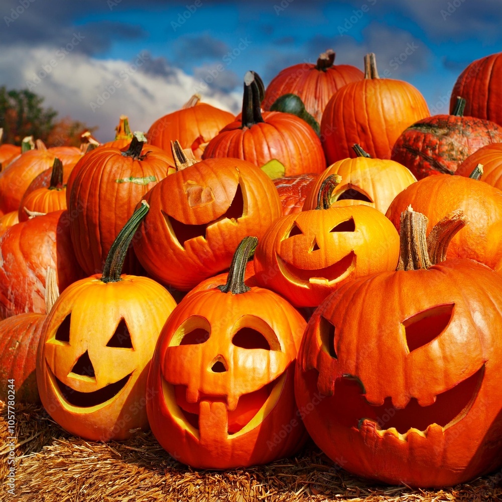a variety of pumpkins and jack o lanterns sit in chaotic arrangement in the image a variety of pumpkins and jack o lanterns sit in chaotic arrangement in the image
