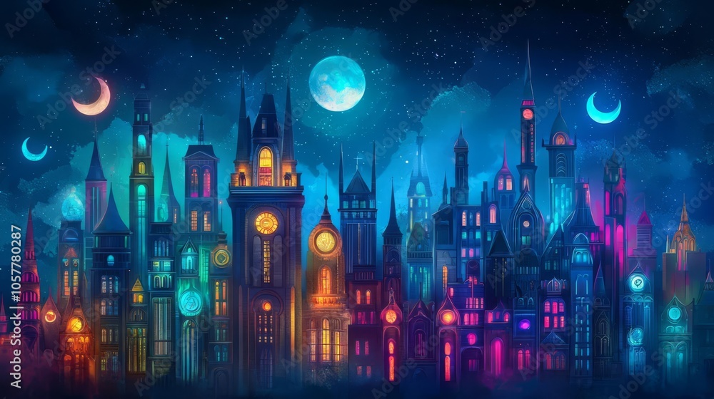 A vibrant, mystical cityscape illuminated by colorful lights under a starlit sky with glowing moons and whimsical architecture. A vibrant, mystical cityscape illuminated by colorful lights under a starlit sky with glowing moons and whimsical architecture.