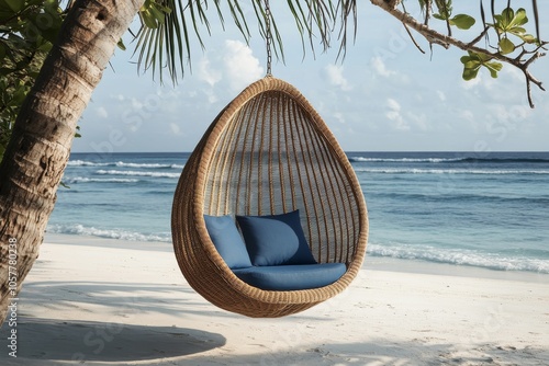 A secluded beach chair swaying gently under palm trees on a sunny tropical shore