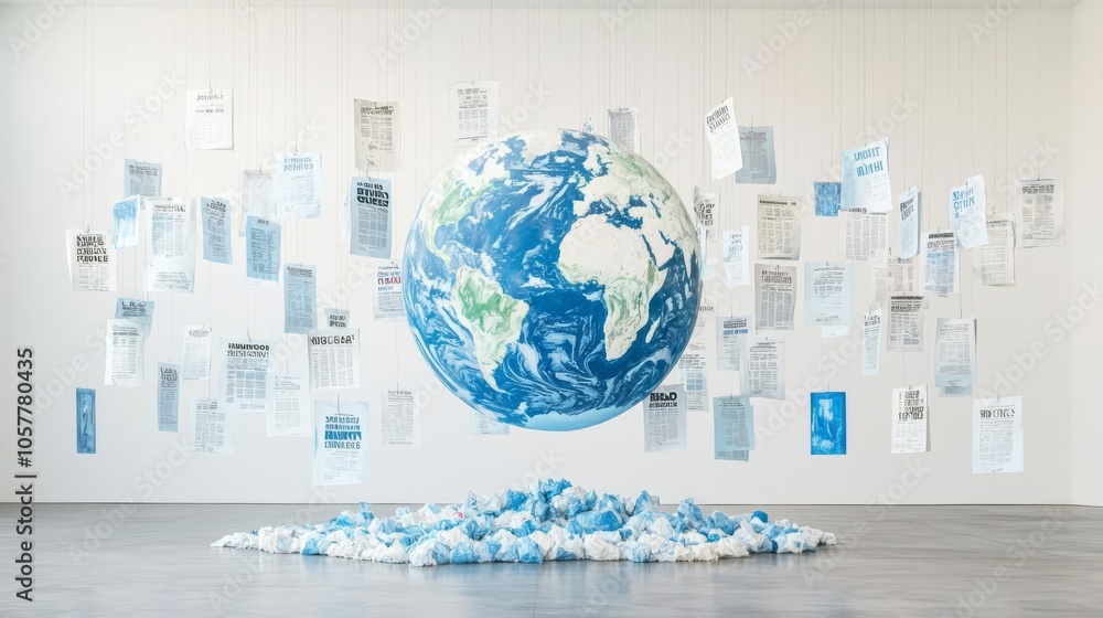 A creative display of the Earth surrounded by documents, symbolizing environmental awareness and global responsibility. A creative display of the Earth surrounded by documents, symbolizing environmental awareness and global responsibility.