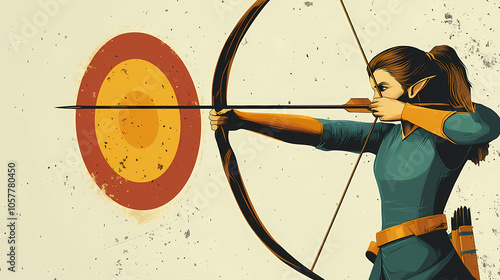 Illustration of female archer pointing at the target on championship. Elf Archer. Illustration