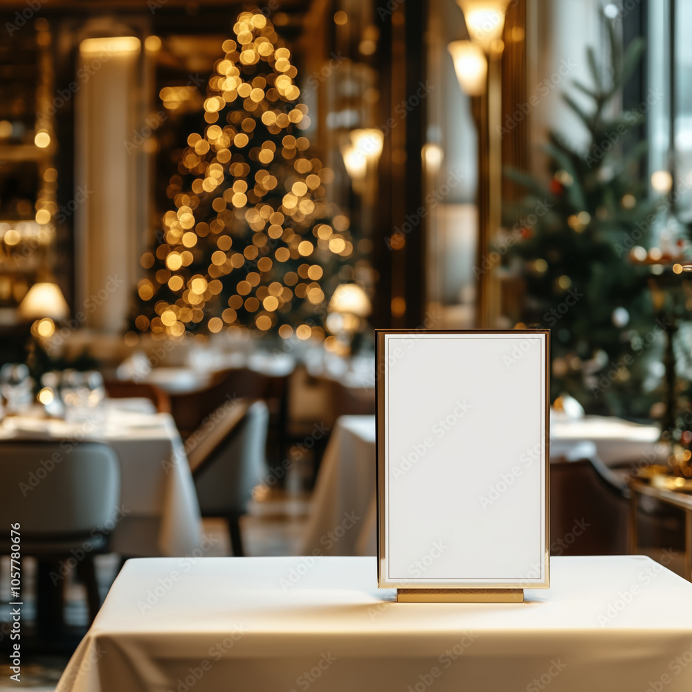 Blank mock up menu on a table in a restaurant decorated for a New Year's Eve dinner party Blank mock up menu on a table in a restaurant decorated for a New Year's Eve dinner party