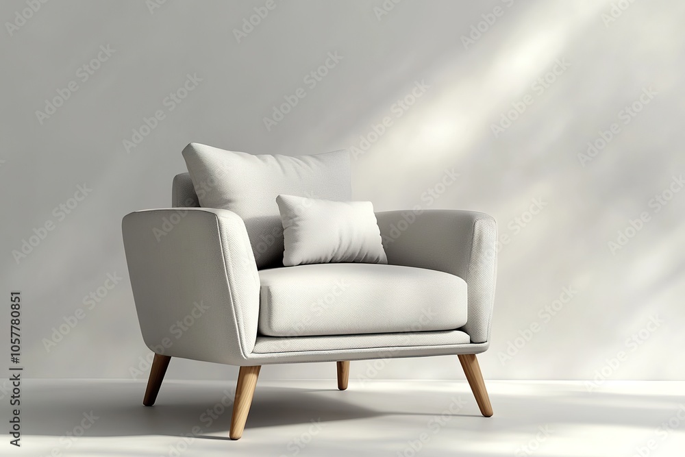 Fototapeta premium White leather amrchair with white pillows - front view - 3D Illustration