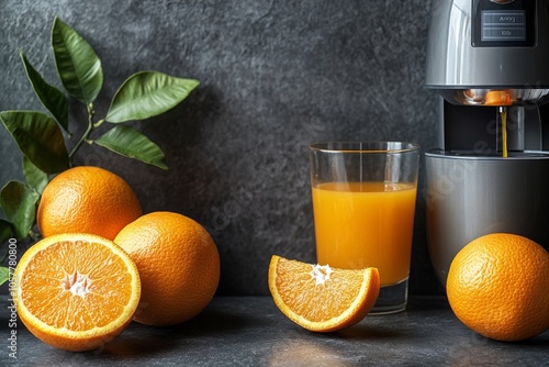 Freshly squeezed orange juice served with ripe oranges on a dark kitchen coun...