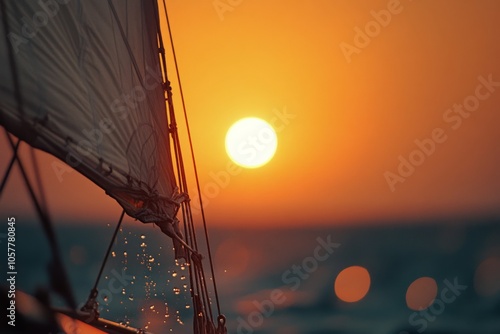 A peaceful sunset over calm waters with a sailboat on the horizon during even...