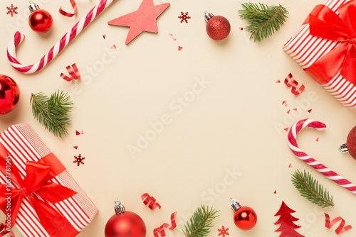 Christmas decor, gift boxes and confetti on color background, top view. Copy space for design