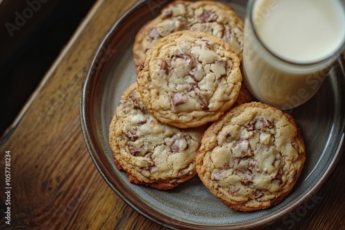 Freshly baked chocolate chip cookies on a wooden table with a glass of milk