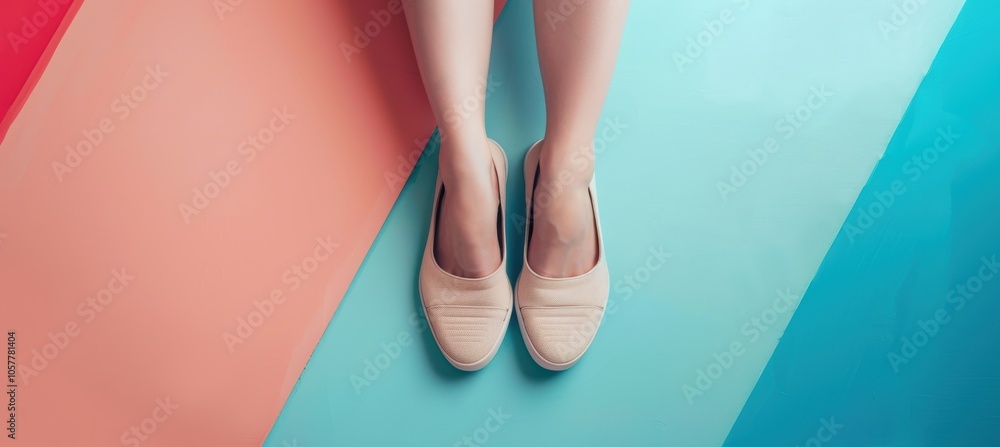 Casual Footwear Lifestyle Banner Featuring Women's Legs on Pastel Background Casual Footwear Lifestyle Banner Featuring Women's Legs on Pastel Background