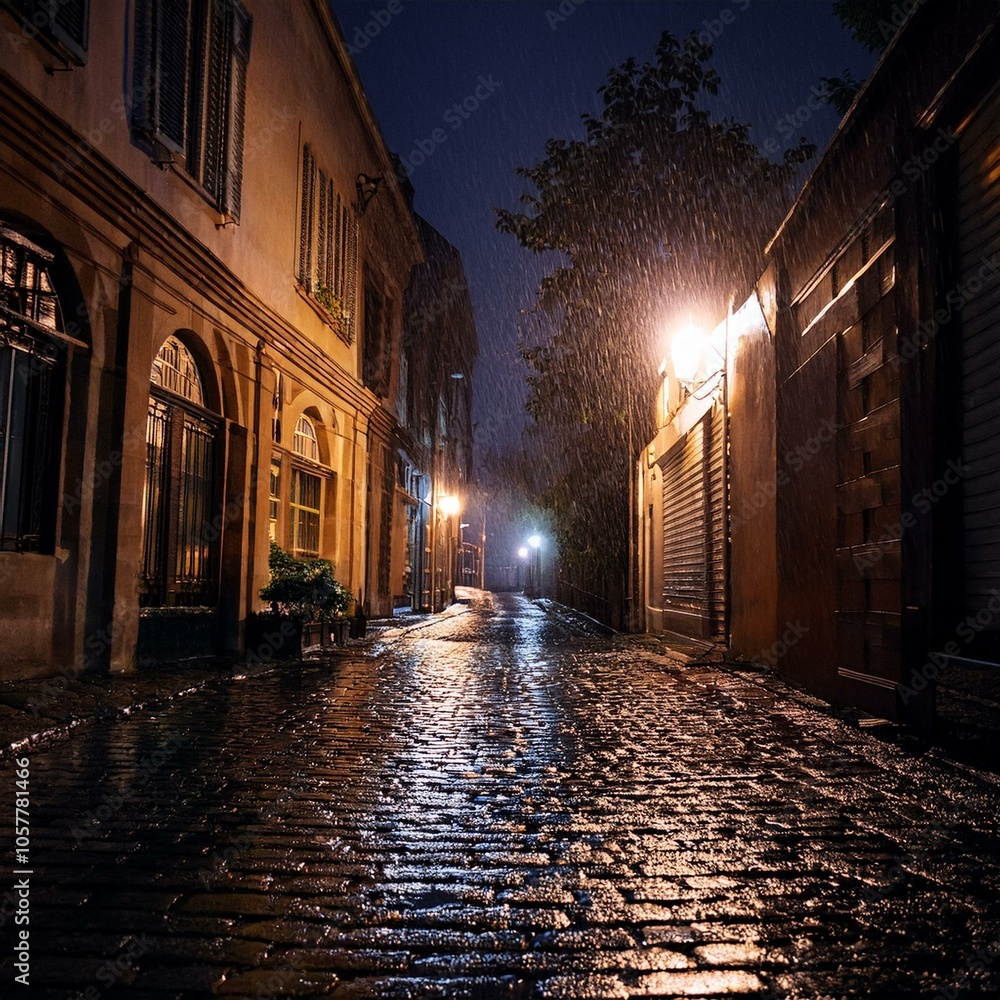 a dark alleyway at night with rain on the cobblestone street
