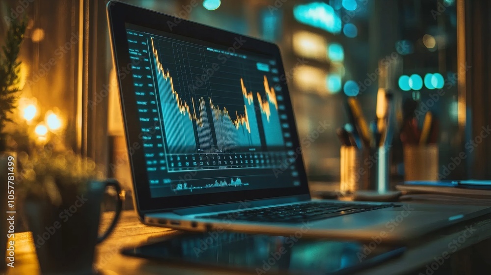 Laptop displaying financial stock market chart in cozy evening ambiance Laptop displaying financial stock market chart in cozy evening ambiance