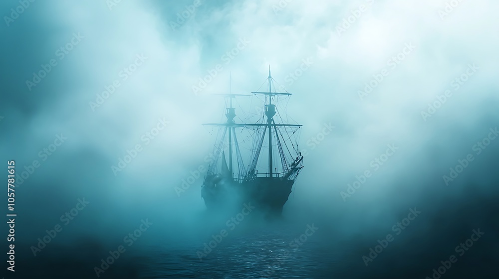 Ghostly pirate ship in the mist with copy space for text. Ghostly pirate ship in the mist with copy space for text.