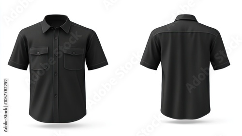 Black short sleeve button down shirt mockup isolated on white background.