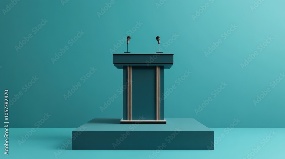 A simple podium with two microphones on a teal background. A simple podium with two microphones on a teal background.