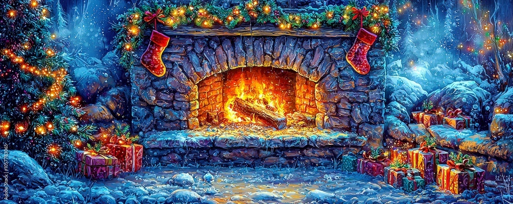 Cozy Winter Scene with Fireplace and Holiday Decor Cozy Winter Scene with Fireplace and Holiday Decor
