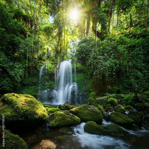 a lush green rainforest with a waterfall cascading down moss covered rocks sunlight filtering through the dense canopy