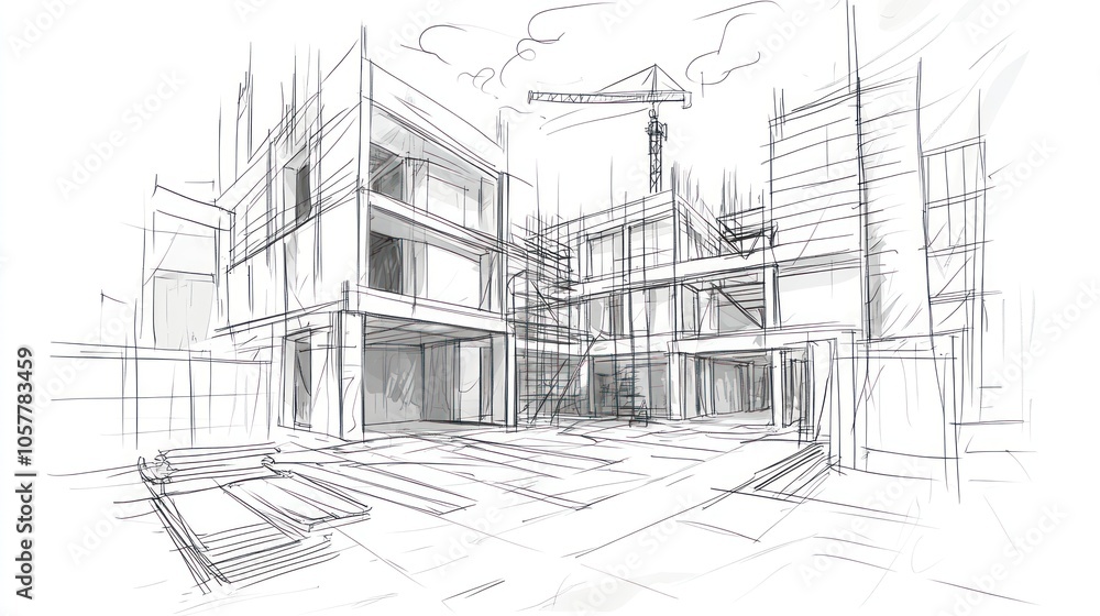 Sketch of a building under construction with a crane in the background. Sketch of a building under construction with a crane in the background.