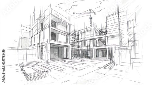 Sketch of a building under construction with a crane in the background.