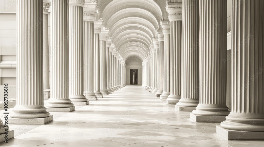 A long, white, marble corridor with arched ceilings and columns. The corridor leads to a dark doorway at the end. A long, white, marble corridor with arched ceilings and columns. The corridor leads to a dark doorway at the end.
