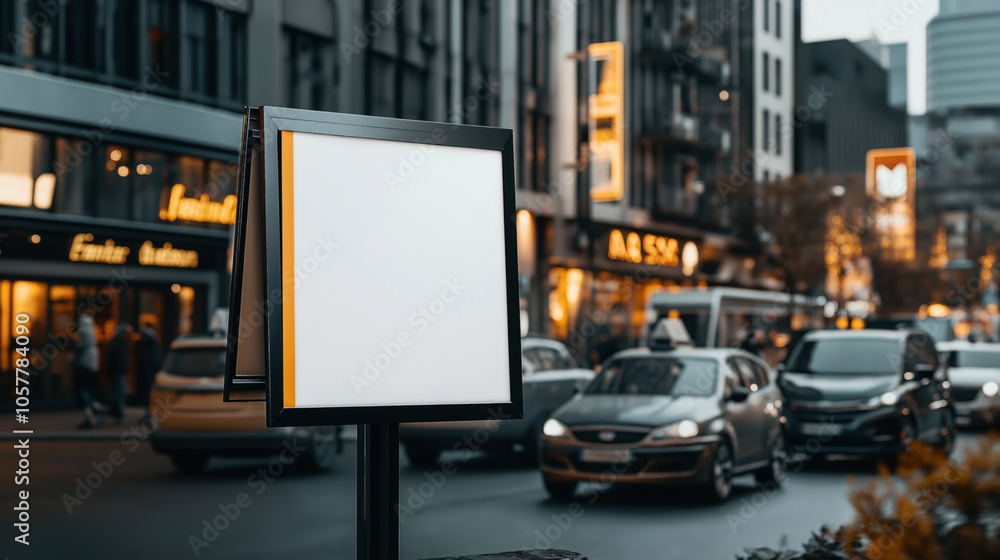 Blank street advertising billboard in a busy urban area with cars and pedestrians. City street scene with blurred background of buildings and illuminated signs. Blank street advertising billboard in a busy urban area with cars and pedestrians. City street scene with blurred background of buildings and illuminated signs.