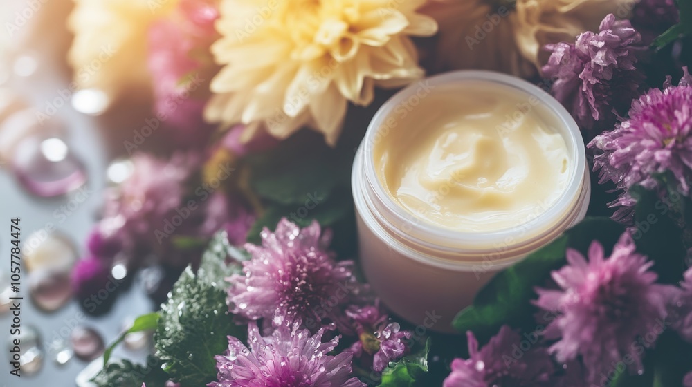 A facial moisturizer jar with a thick, creamy texture that flows out of the side, placed next to fresh flowers and water drops to emphasize moisture and nourishment. A facial moisturizer jar with a thick, creamy texture that flows out of the side, placed next to fresh flowers and water drops to emphasize moisture and nourishment.