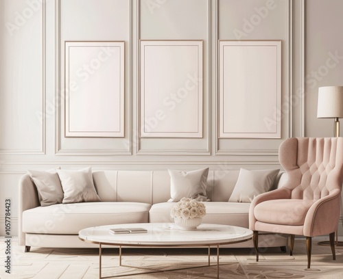 A luxurious living room with a white couch. a pink armchair. and three blank frames on the wall. perfect for displaying artwork or photography