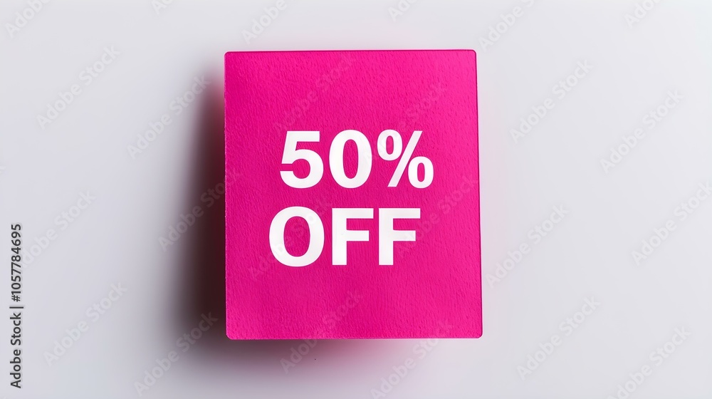 White '50% OFF' Text on a Fuchsia Square Paper Note. White Background with Copy Space White '50% OFF' Text on a Fuchsia Square Paper Note. White Background with Copy Space
