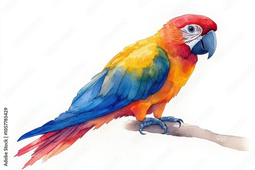 Fototapeta premium A vibrant watercolor illustration of a parrot perched on a branch.