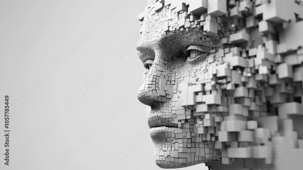A 3D rendering of a human head made of white cubes, with a neutral expression. A 3D rendering of a human head made of white cubes, with a neutral expression.