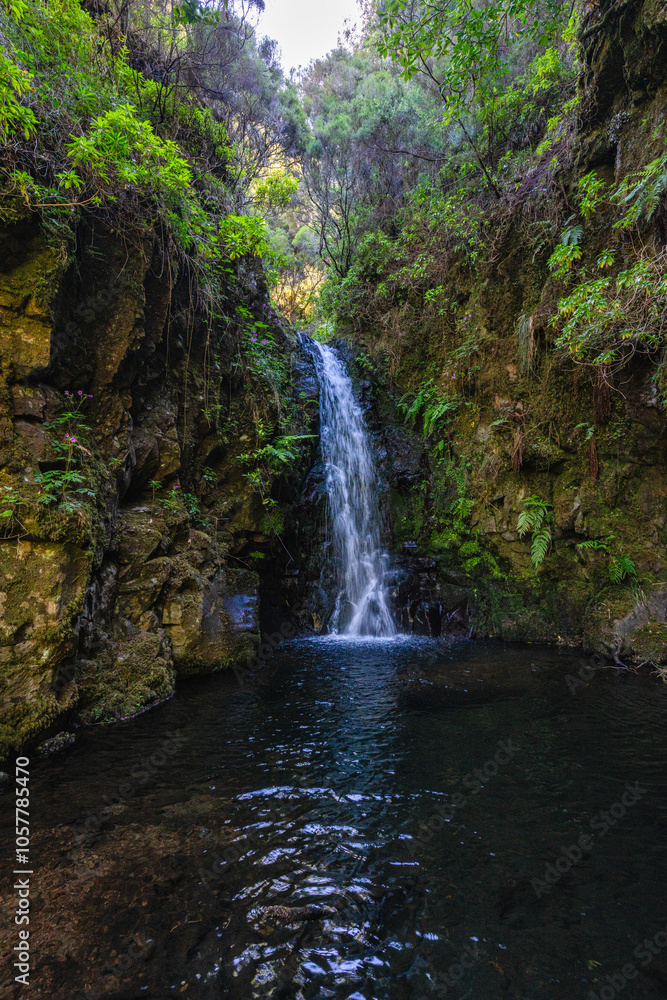 Waterfall along the beautiful trail PR6 Levada das 25 Fontes in Madeira during summer season. Portugal. Waterfall along the beautiful trail PR6 Levada das 25 Fontes in Madeira during summer season. Portugal.