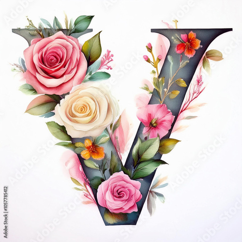 Elegant Floral Letter V Design; Roses and blossoms. photo